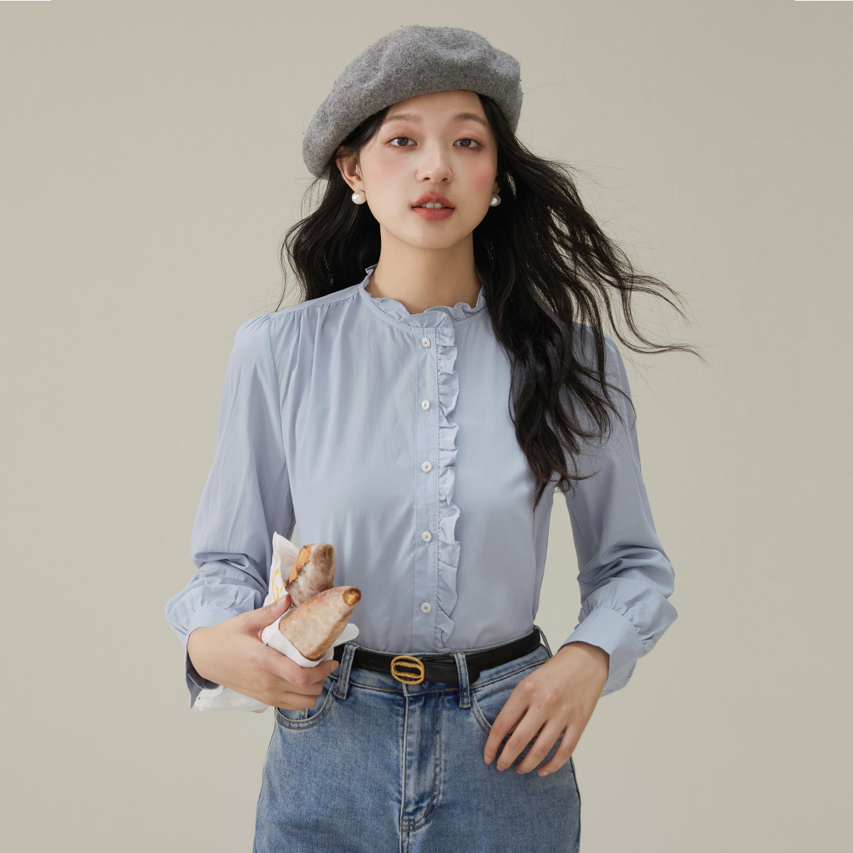 法式木耳边立领衬衫女高级感2025秋冬长袖叠穿花边衬衣上衣