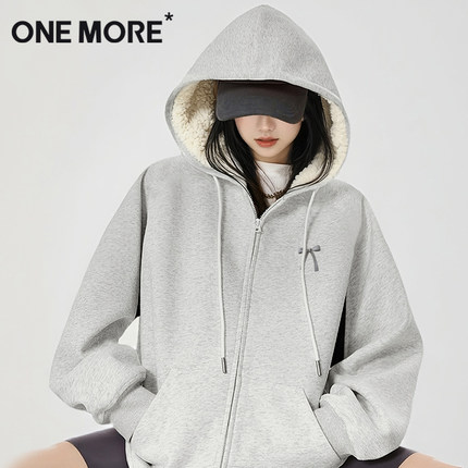 one more加绒卫衣女2025新款秋冬灰色连帽开衫羊羔绒外套女装冬X
