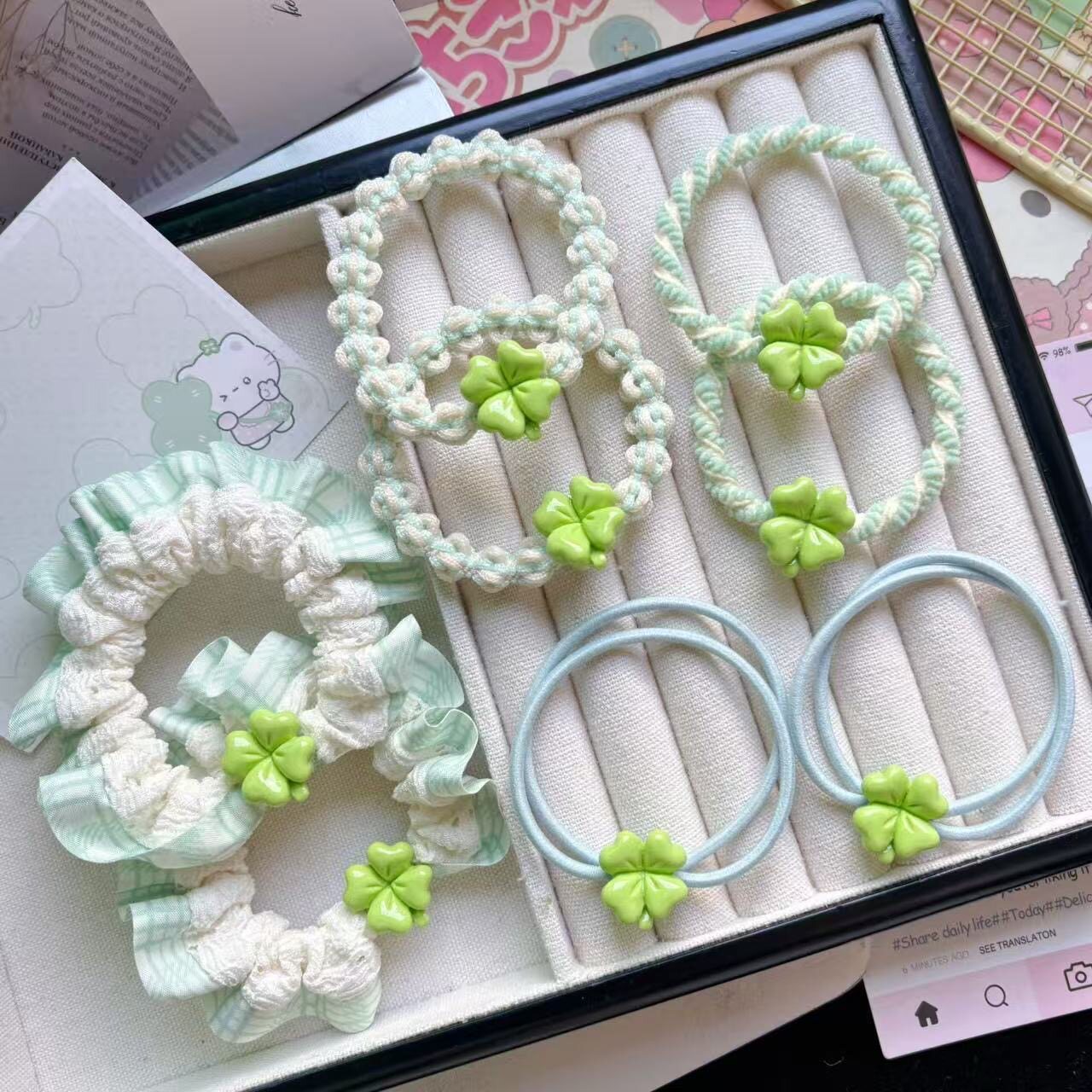 四叶草绿色发圈少女扎发绳高弹力春天橡皮筋可爱头绳情侣发饰女童