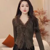 300斤胖m冬天毛毛拼接气质V领绑带T恤女喇叭袖 超大码 显瘦上衣潮