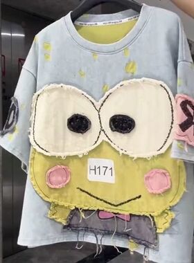 特大码2-300斤胖mm重工夏天短袖T恤女宽松卡通设计感小众贴布上衣