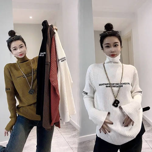 2-300斤胖m特大码秋冬字母刺绣欧货坑条高领长袖毛衣毛线针织衫潮