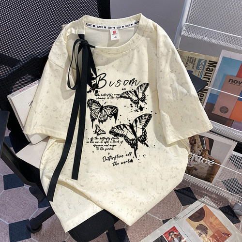 2-300斤胖mm特大码飘带蝴蝶结镂空扎染短袖T恤女夏季新款宽松上衣