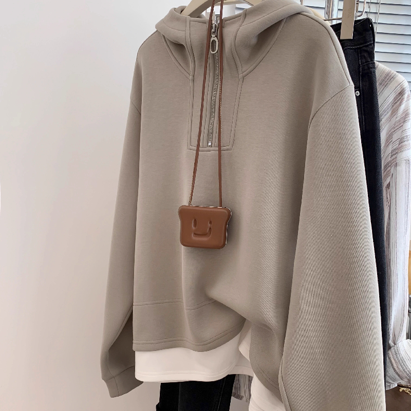 超大码2-300斤胖mm假两件半拉链连帽卫衣女秋冬加绒套头宽松上衣