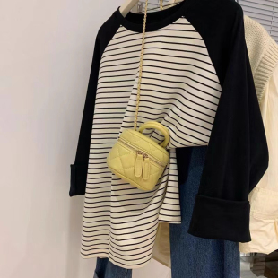 超大码 300斤胖mm高级感独特别致插肩袖 条纹撞色长袖 t恤女上衣服