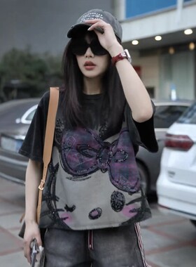 2-300斤胖m特大码春夏Kitty猫亮片印花短袖T恤女宽松百搭小个子潮
