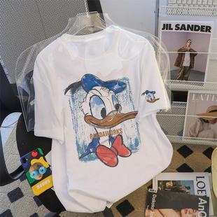 新款 T恤女夏季 复古宽松上衣 300斤胖mm唐老鸭卡通印花短袖 欧洲站2