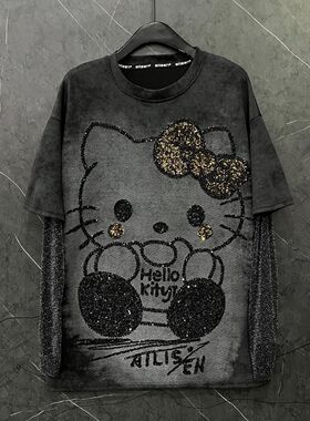 大码300斤女装春秋Hello Kitty猫亮片假两件长袖T恤套头百搭上衣