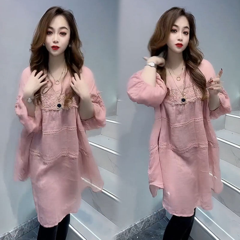 胖m2-300斤特大码春夏宽松长袖圆领显瘦拼接雪纺套头中长连衣裙潮