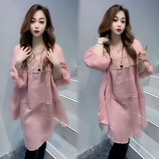 圆领显瘦拼接雪纺套头中长连衣裙潮 春夏宽松长袖 胖m2 300斤特大码