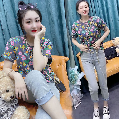 美式复古胖mm2-300斤加肥加大码清新印花淑女百搭圆领休闲女T恤潮