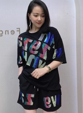 胖mm2-300斤超大码夏季短袖T恤短裤休闲套装烫钻女装阔腿裤两件套