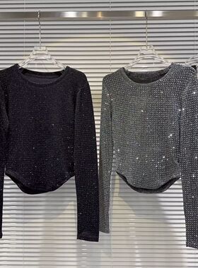 胖mm2-300斤特大码早秋辣妹满身水钻亮丝设计弧形边T恤衫小衫女潮