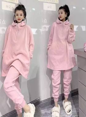 特大码2-300斤胖mm秋冬中长款拉链连帽加绒卫衣套装卫裤两件套女
