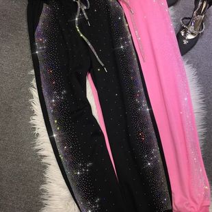 超大码2-300斤胖mm重工烫钻卫裤女休闲松紧腰运动显瘦满钻束脚裤