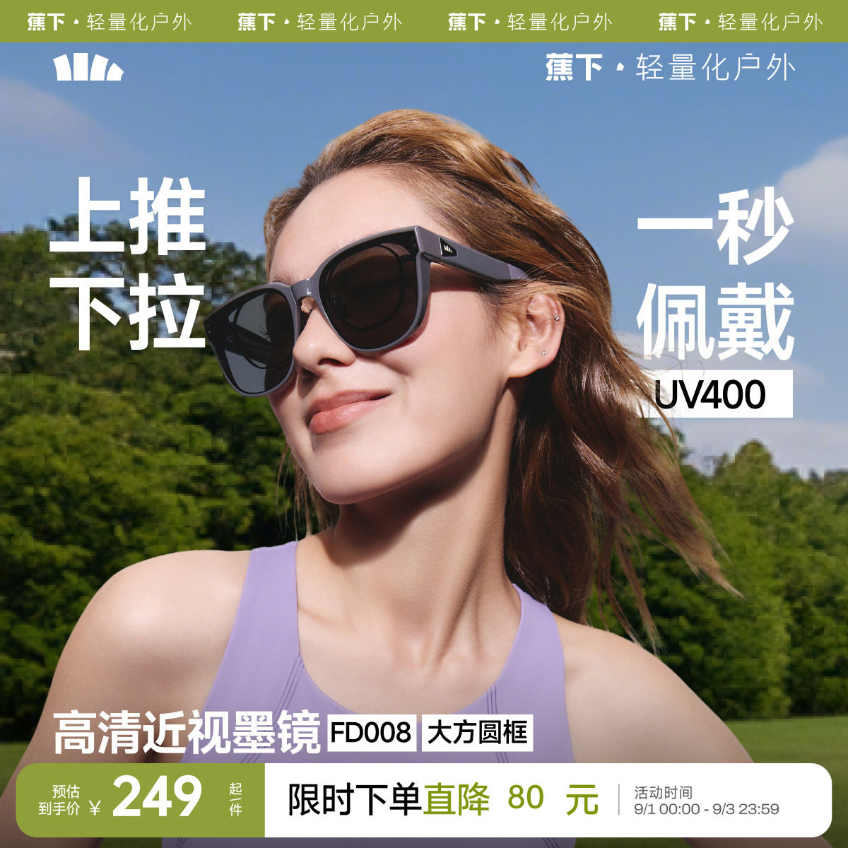蕉下套镜方形大框近视专用墨镜图片