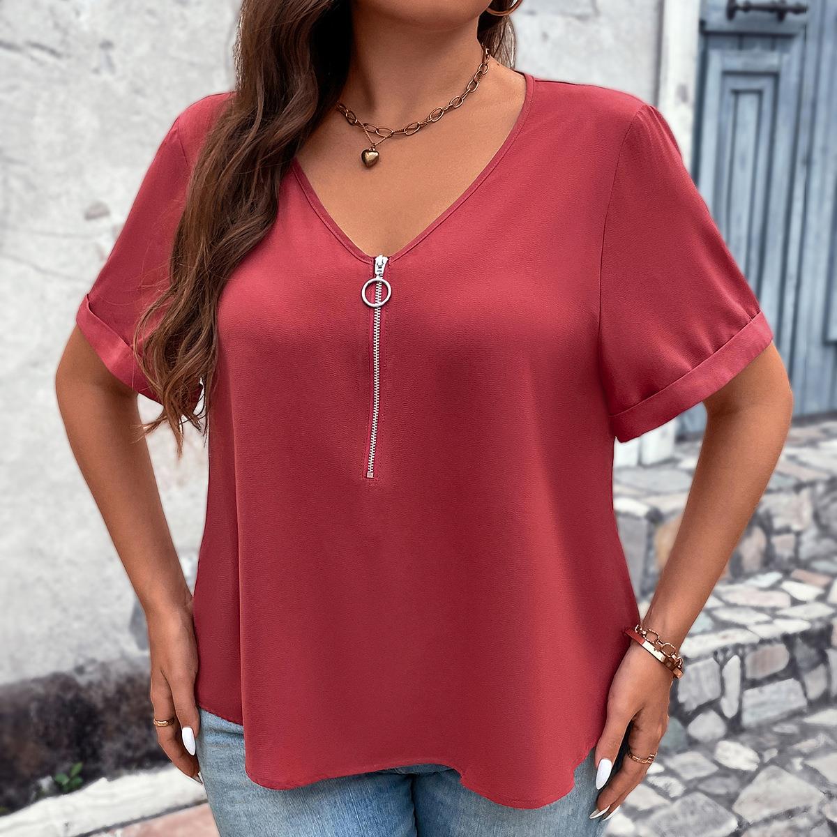 Plus Size Women Summer Loose Fit V-Neck Top with Zipper