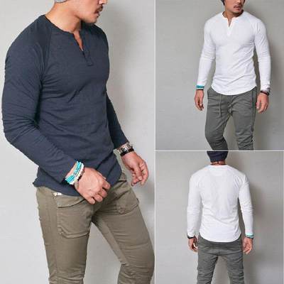 Men&#39;s slim fit tops boy V-neck button long sleeved T