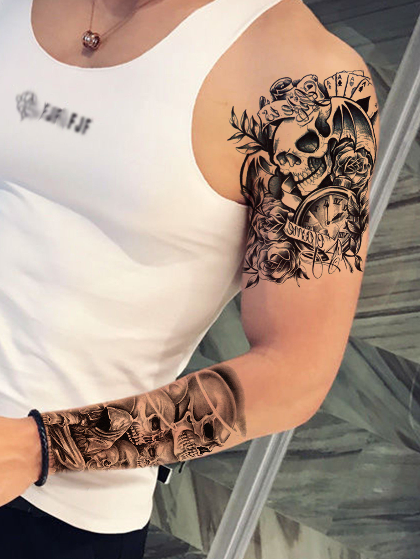 【两张】骷髅套装暗黑款霸气网红款黑色花臂男女纹身贴纸防水持久