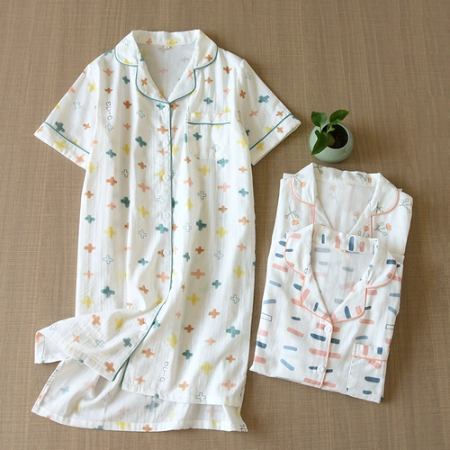 Пижама, летняя юбка, хлопковый тонкий марлевый кардиган, длинная рубашка для беременных, короткий рукав, средней длины