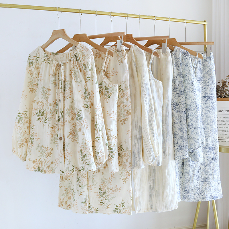 碎花长袖套装宽松衬衫绉布家居服