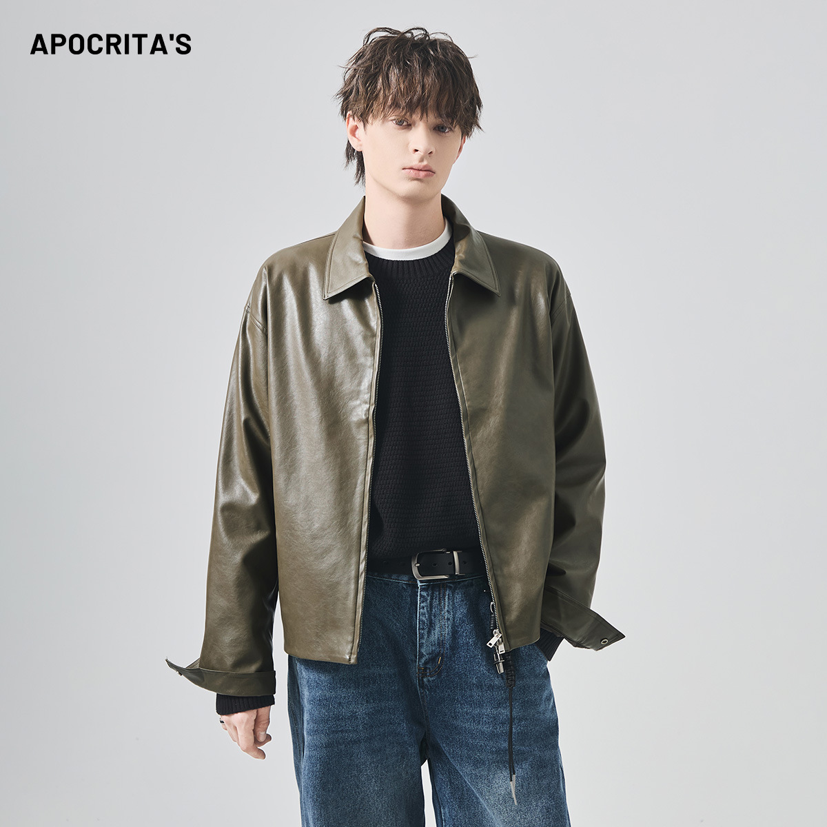 APO男装|青年PU皮衣外套男秋冬美式潮牌痞帅宽松翻领休闲机车夹克