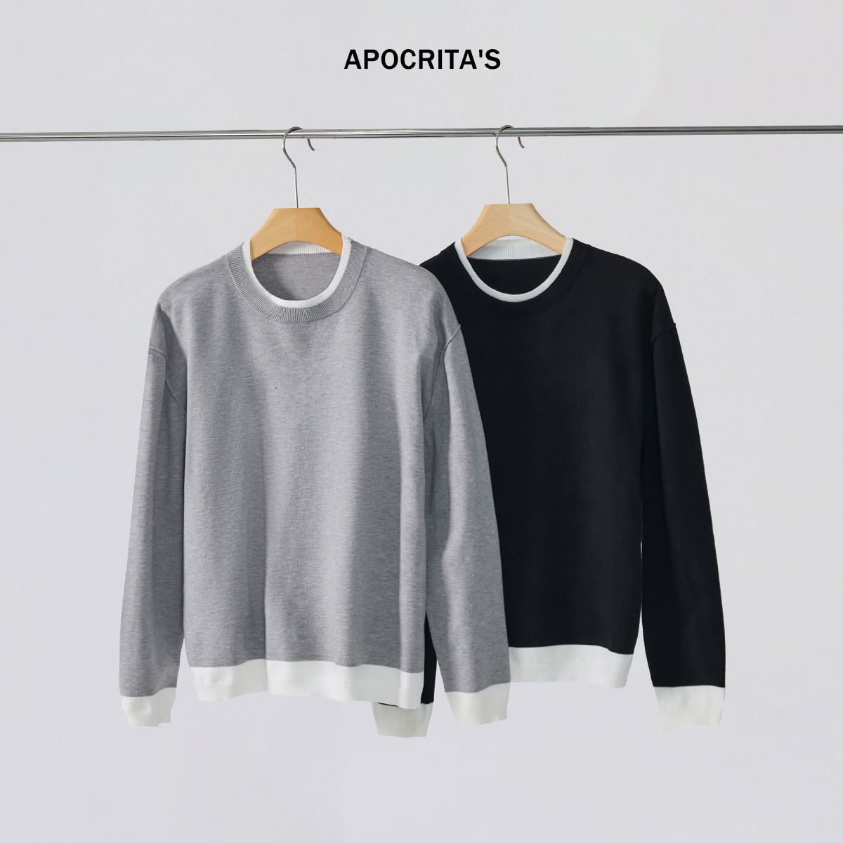 APO男装|青年假两件撞色毛衣男女秋冬韩系宽松圆领长袖针织衫上衣