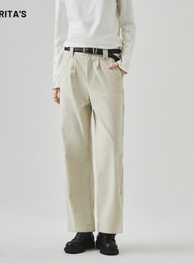 APO女装|跨境灯芯绒休闲裤女秋季高级感宽松直筒显瘦百搭白色