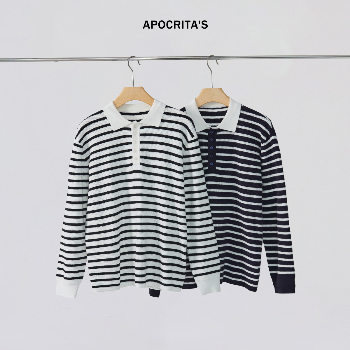 APO男装|青年撞色条纹毛衣男女秋冬季POLO翻领长袖针织衫内搭上衣