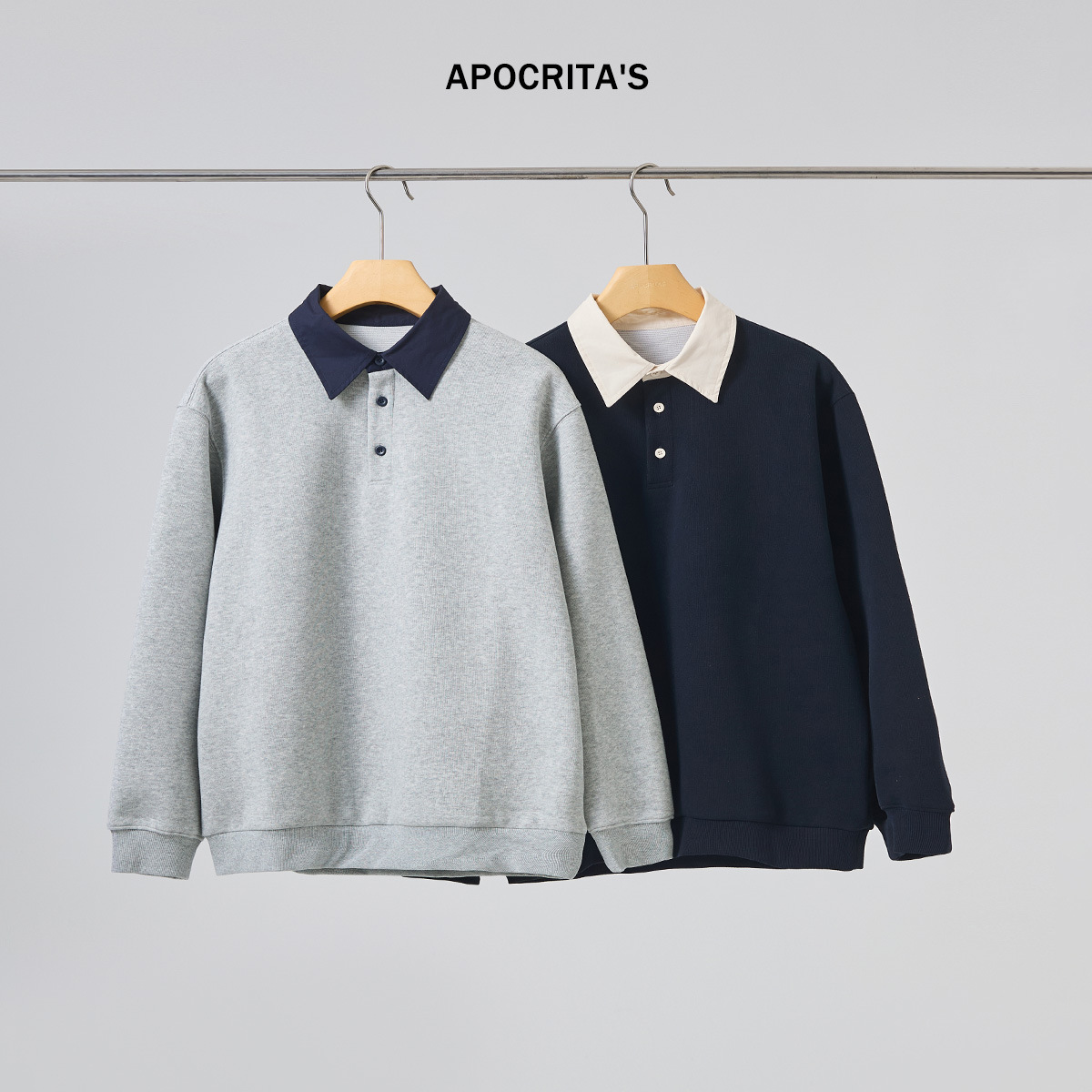 APO男装|青年套头卫衣男秋冬款重磅潮牌宽松撞色翻领长袖内搭上衣