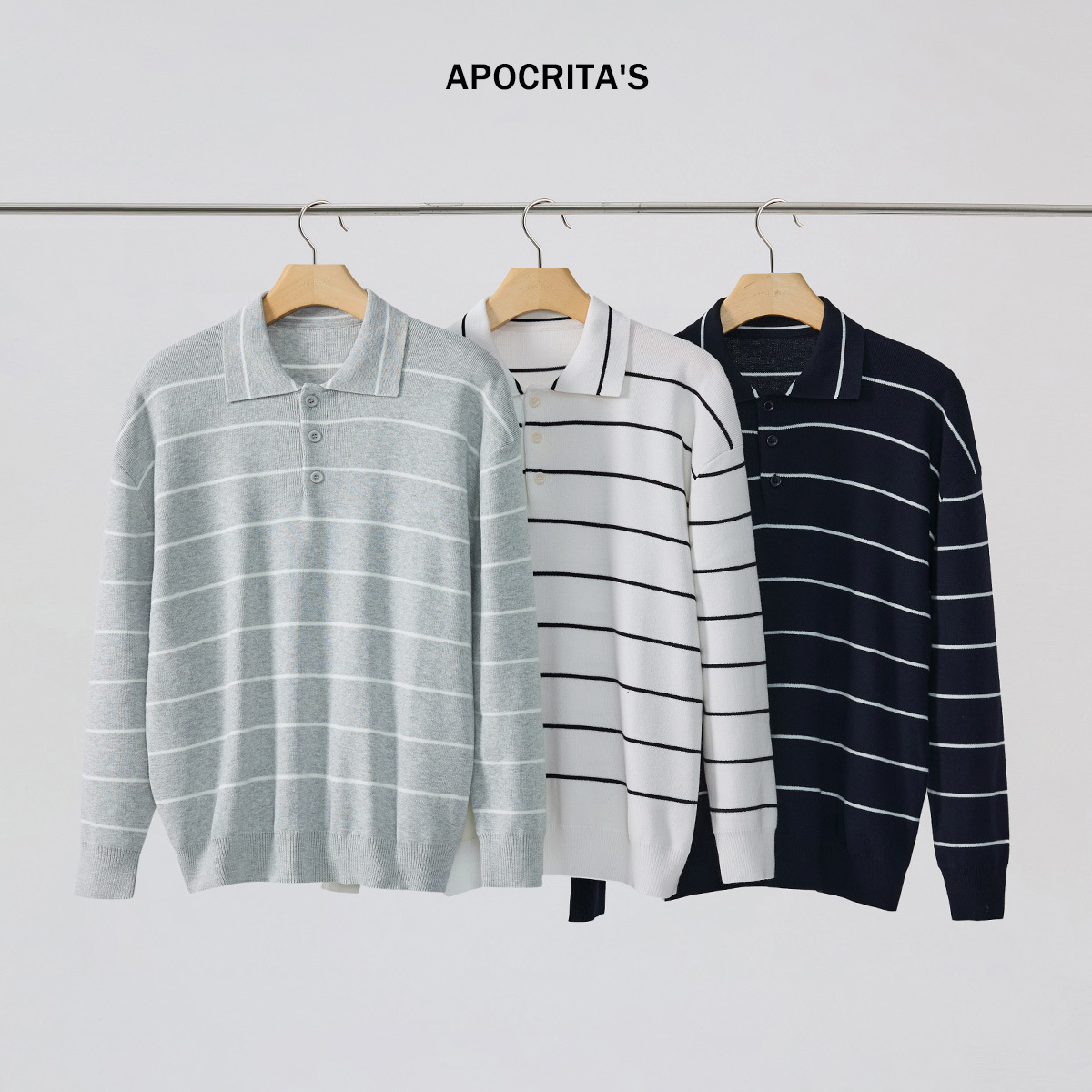 APO男装|青年男士条纹毛衣秋冬季韩系宽松POLO翻领羊毛长袖针织衫