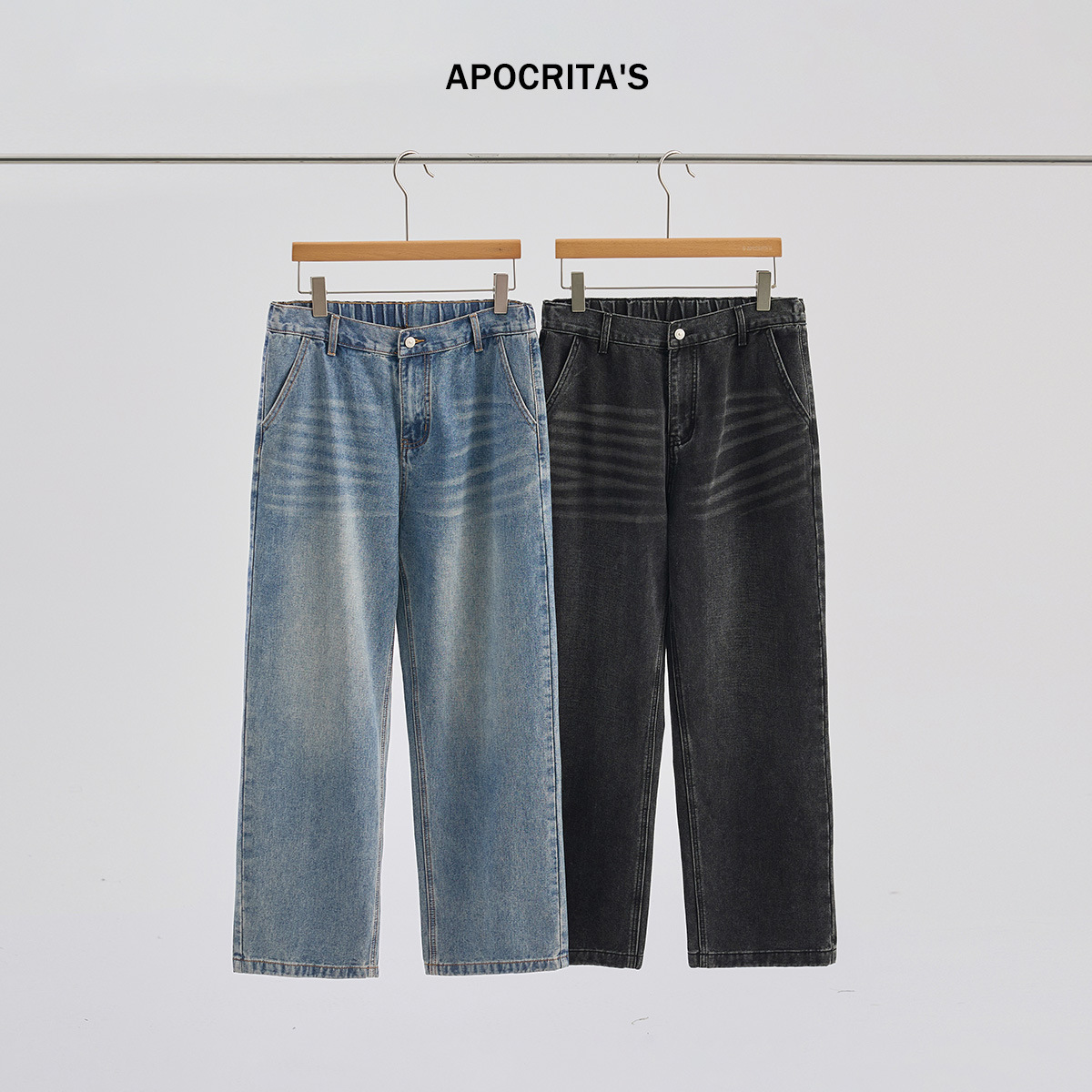 APO男装|秋季青年牛仔裤男款美式高街宽松直筒潮流痞帅水洗长裤男