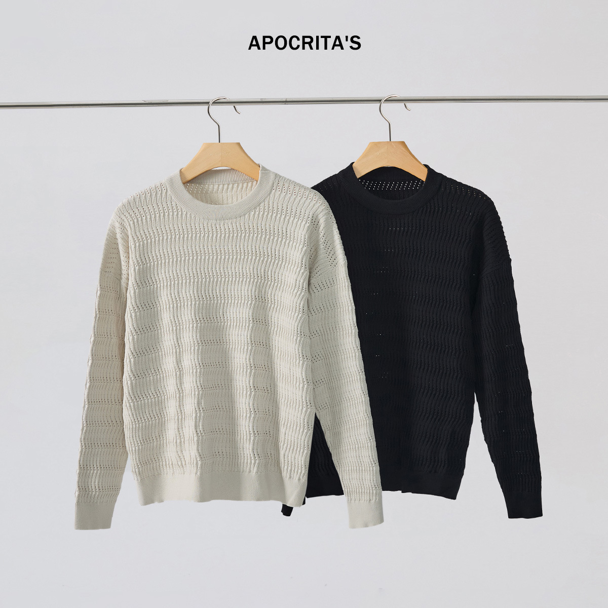 APO男装|青年镂空毛衣男秋冬季高级感圆领宽松慵懒长袖打底针织衫