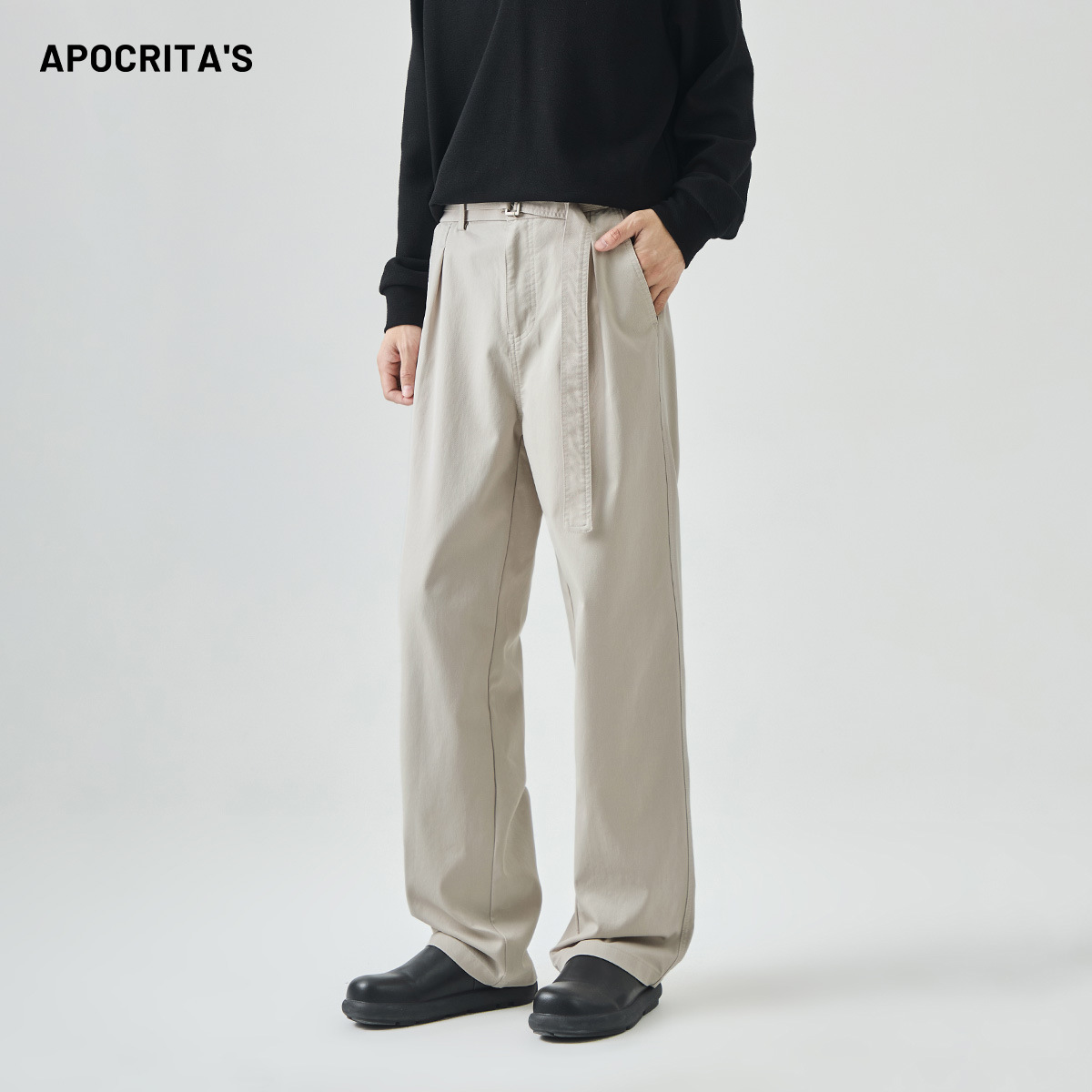 APO男装|青年男士休闲裤子秋季轻奢高级感百搭宽松直筒长裤配腰带