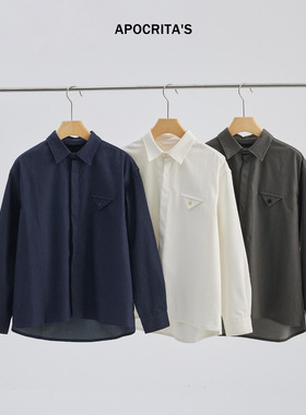 APO男装|青年男士长袖衬衫秋季痞帅休闲宽松翻领白色衬衣开衫上衣