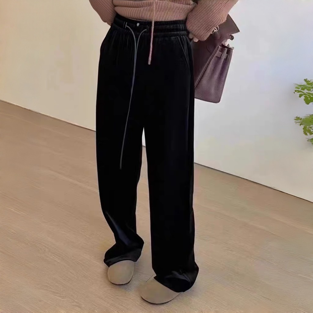 韩版时尚显瘦黑色女冬款高腰抖抖复古通勤松弛感慵懒阔腿金丝绒裤