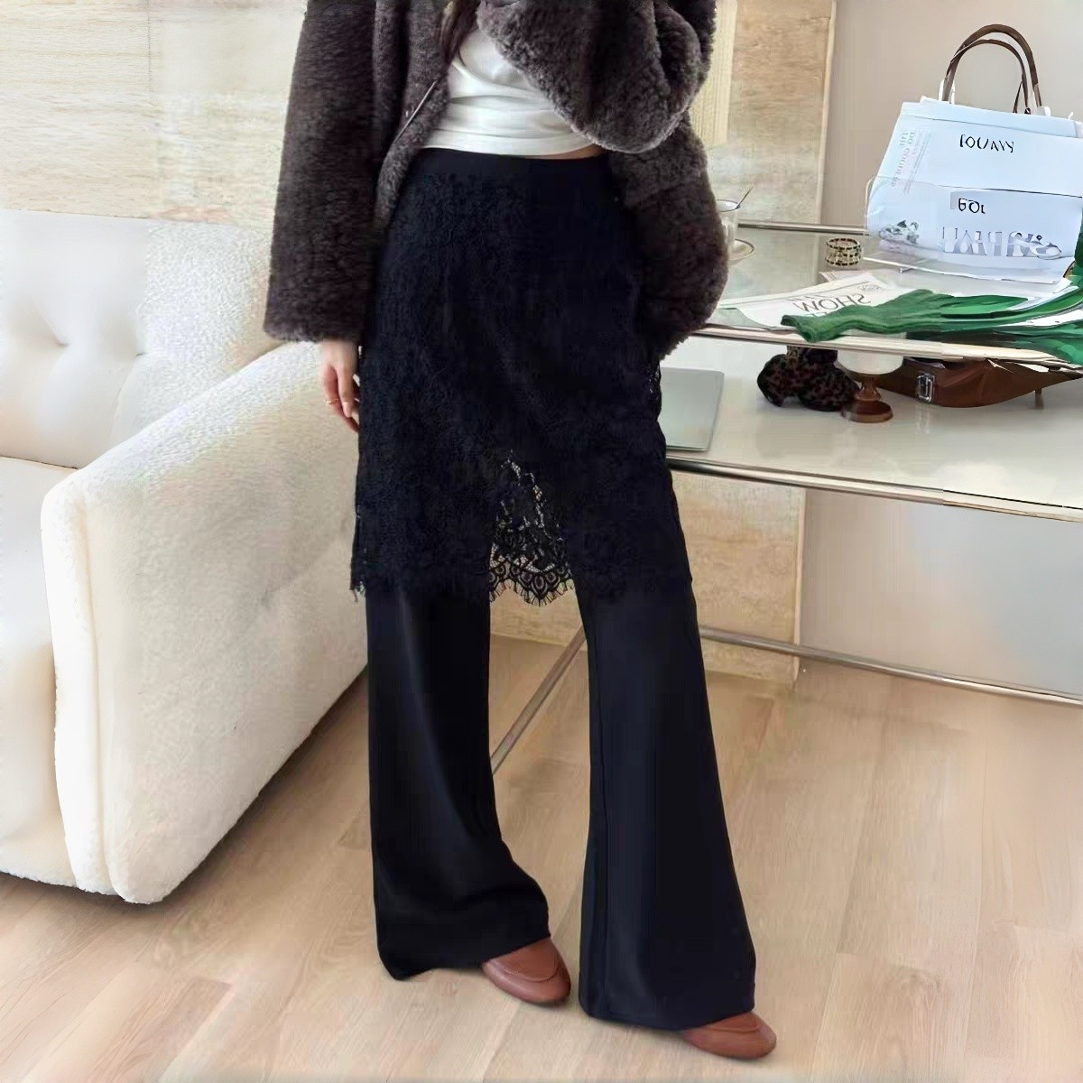 黑色高腰阔腿裤女加绒冬季新厚款屁帘假两件显瘦蕾丝百搭微喇叭裤,女装/女士精品,休闲裤,淘宝优惠券,粉丝福利购,淘宝优惠卷