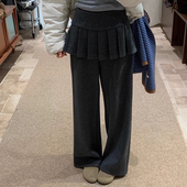 时尚 屁帘假两件花边高腰阔腿裤 女2025冬季 韩版 加绒灰色显瘦百褶裤