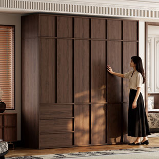 中古风骨骼线实木衣柜卧室家用三抽屉定制收纳储物柜子落地大衣橱