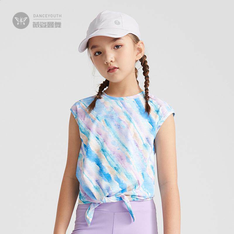 女童瑜伽服背心夏季新款袖干湿两穿速干运动打结健身上衣