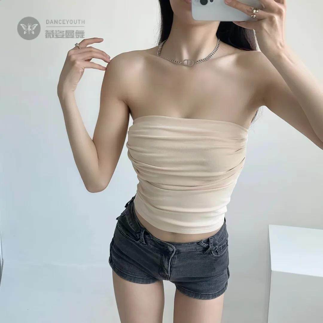 辣妹性感褶皱修身内搭一字领裹胸背心女弹力紧身短袖抹胸背心上衣