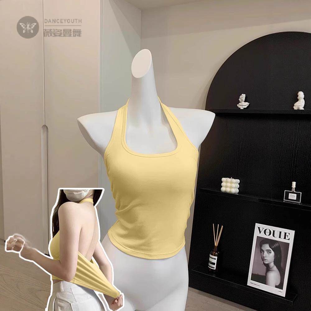 黄色挂脖吊带背心带胸垫女2026新款夏外穿美背内搭一体式露背上衣