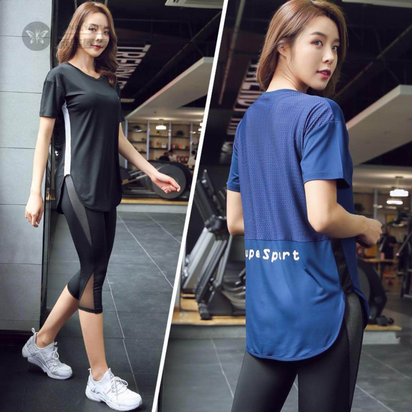 A宽松长款瑜伽上衣女速干罩衫大码健身套装运动恤胖MM遮臀衣服夏