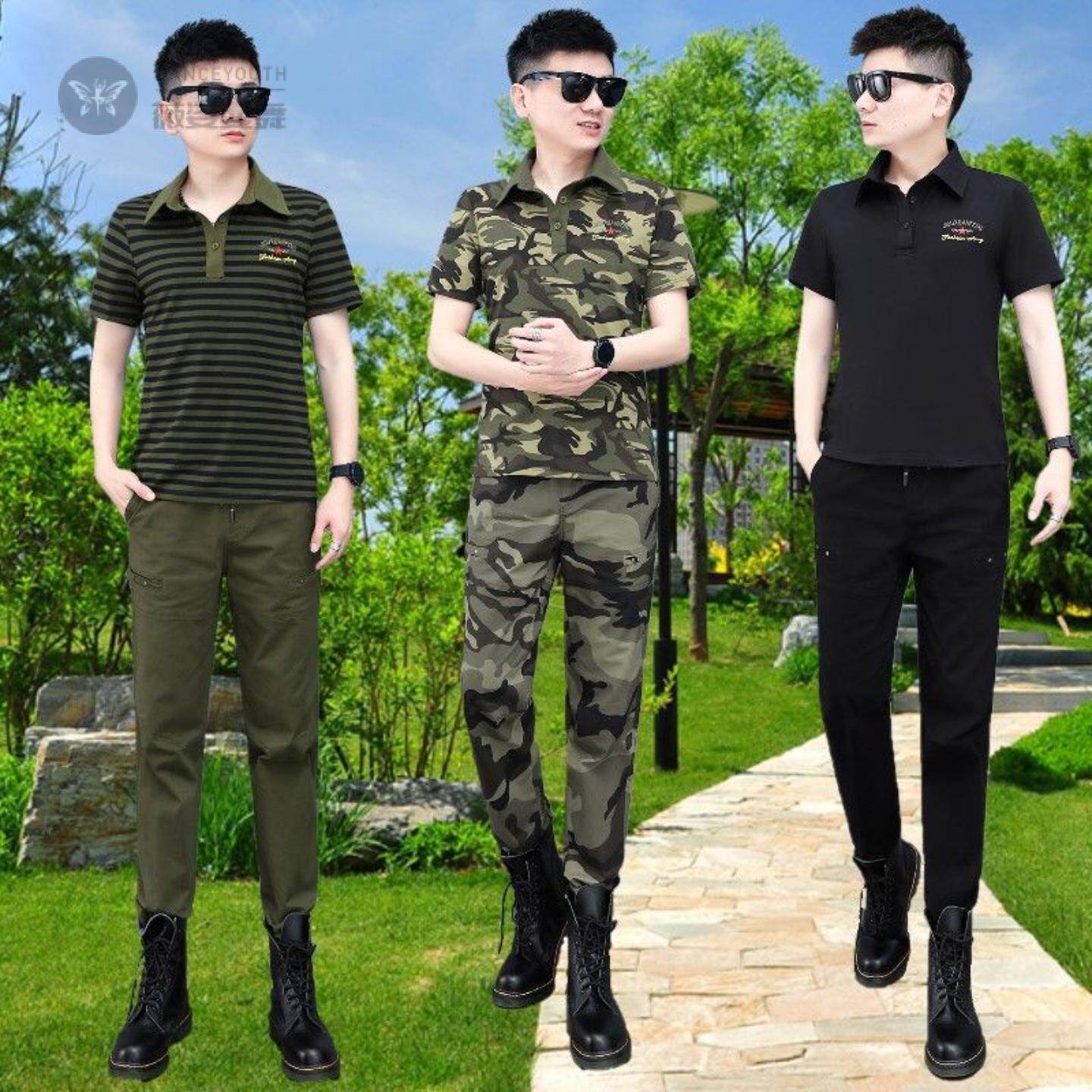 户外迷彩服男短袖恤套装2025夏季新款翻领潮休闲时尚短袖上衣