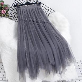 加厚网纱半身裙女2025秋冬韩版丝绒拼接钉珠A字不规则纱裙两面穿
