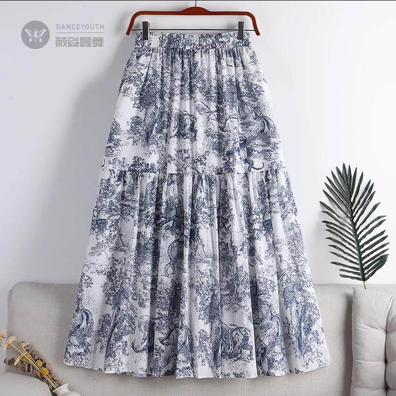 2025春款高腰古风水墨画印花雪纺裙中长款A字大摆半身裙子女