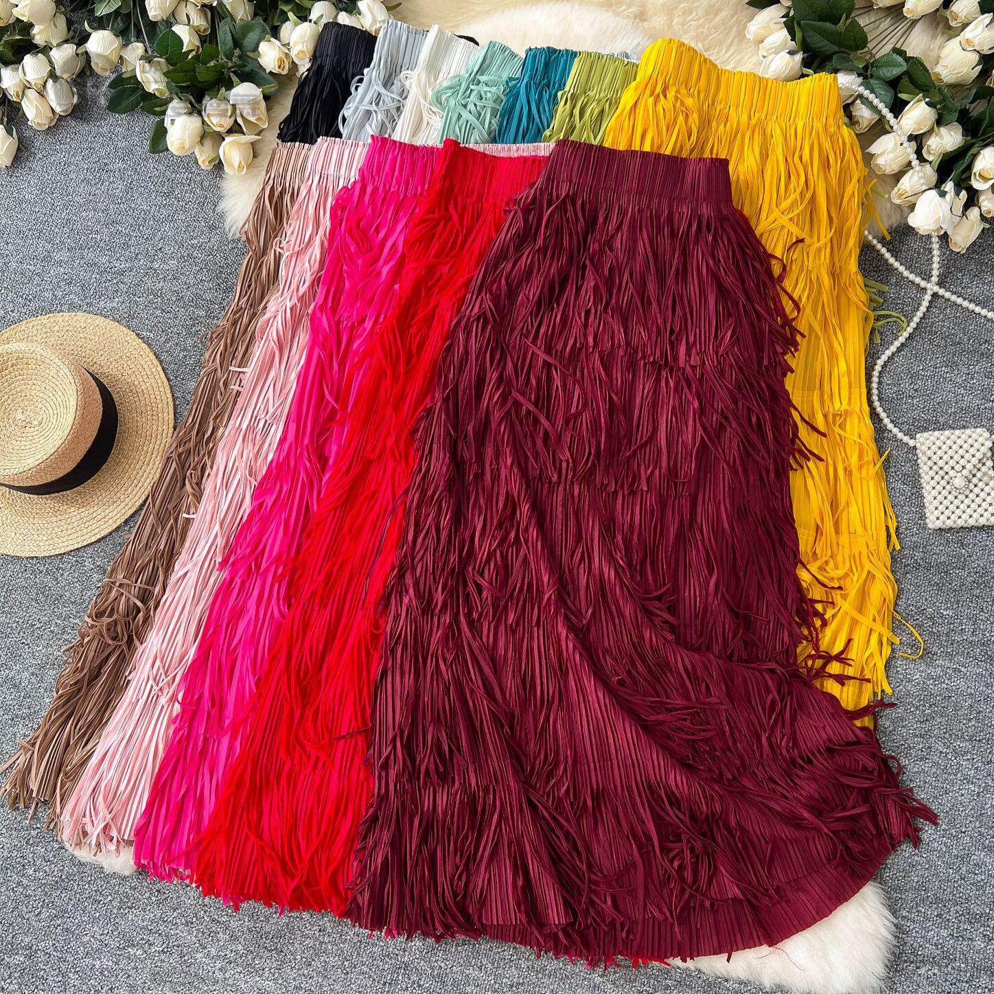 流苏半身裙女2025春款松紧腰百搭显瘦A字裙中长款高腰蛋糕裙