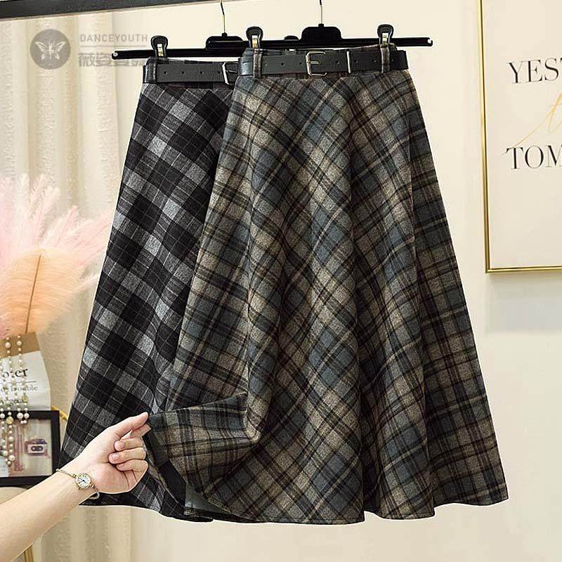 秋冬复古格子毛呢半身裙小个子女装中长款高腰遮肚大肚子a字裙