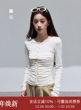 Moxiebabe纯欲风圆领褶皱杏色长袖T恤女装秋冬小众减龄木耳边上衣