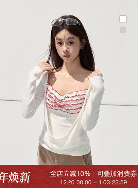 Moxiebabe甜辣妹白色假两件长袖T恤女装冬季别致减龄显瘦新款上衣